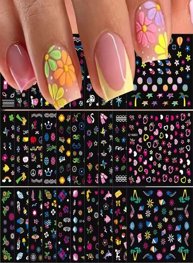 SPLOCUDU 30 Sheets Colorful Flower Nail Art Stickers Cute Kids Nail Stickers for Nail Art, 3D Self-Adhesive Colorful Ocean Glitter Floral Fruit Heart Decals for Women and Girl Manicure Decoration Accessories - Image 5